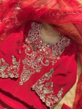 Red Embroidered Women Salwar with Gold Threadwork